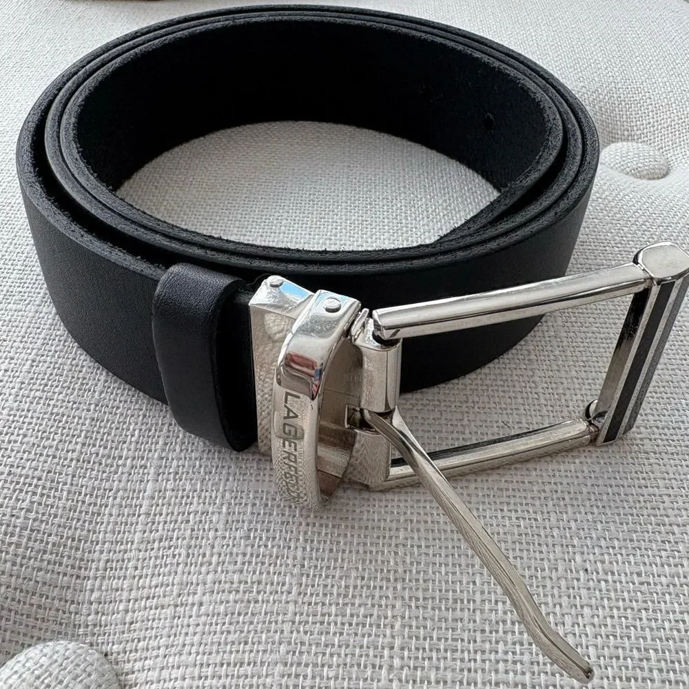Karl Lagerfeld Men’s Black Leather Belt Silver Buckle Size 125 Italy